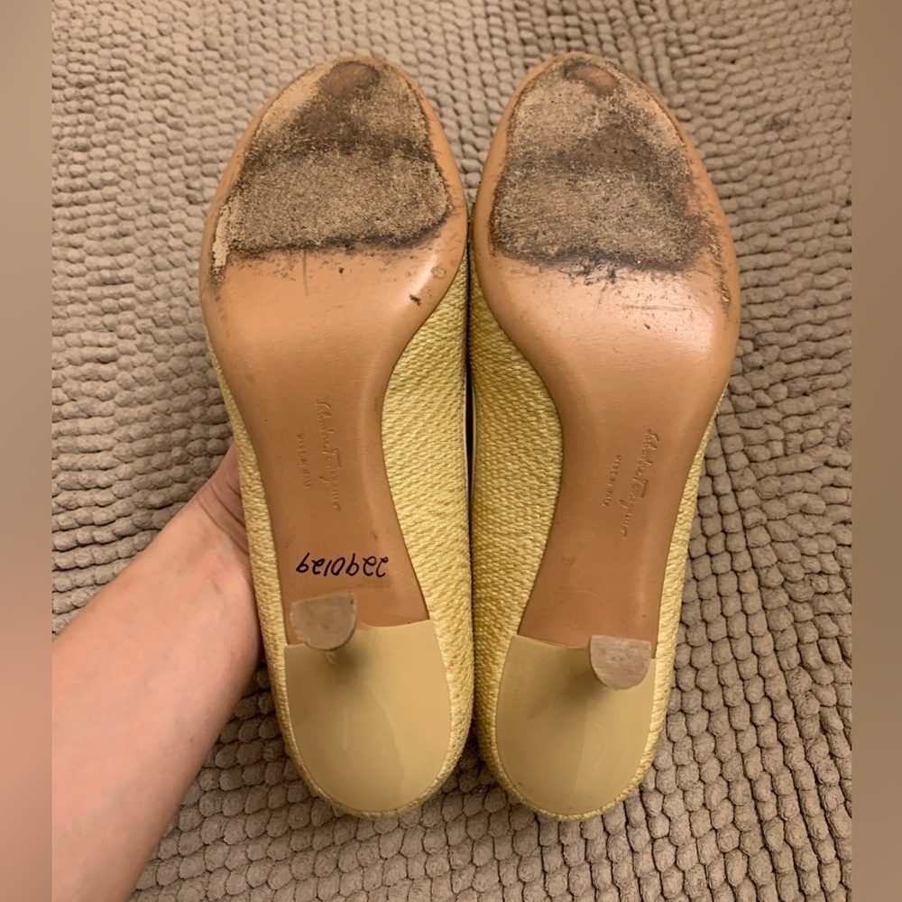 Salvatore Ferragamo Raffia Top Leather Heels Pumps with Ribbon Cream Beige 9 - Picture 12 of 16